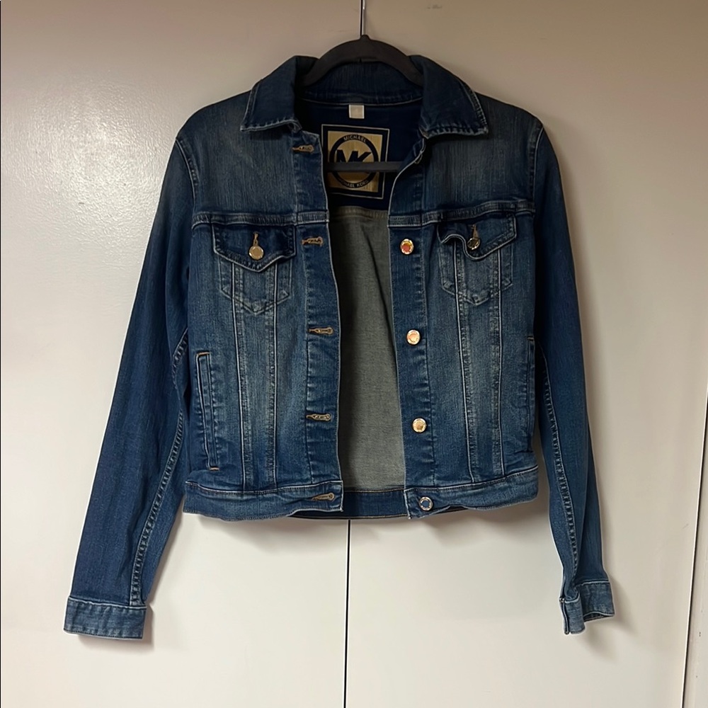 Michael Kors Blue Jean Jacket with Cropped Cut and Contrast Stitching